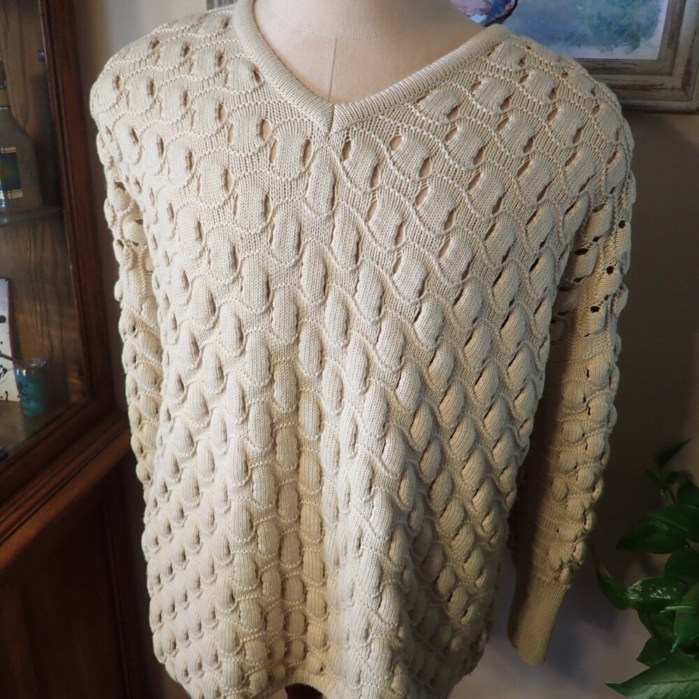 Marc Cain Wool Blend Beige Chunky Knit Open V-Neck Sweater Size N4 (44")
